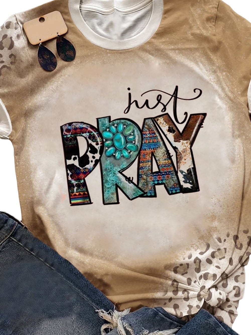Khaki Cowboy Chic Just Pray Graphic T-Shirt