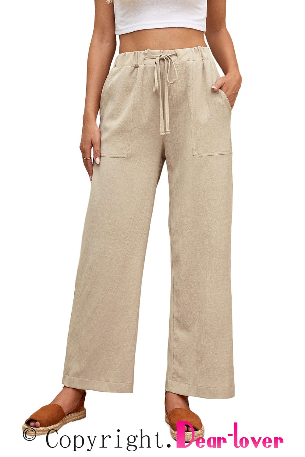 Khaki Drawstring Waist Crinkled Wide Leg Pants