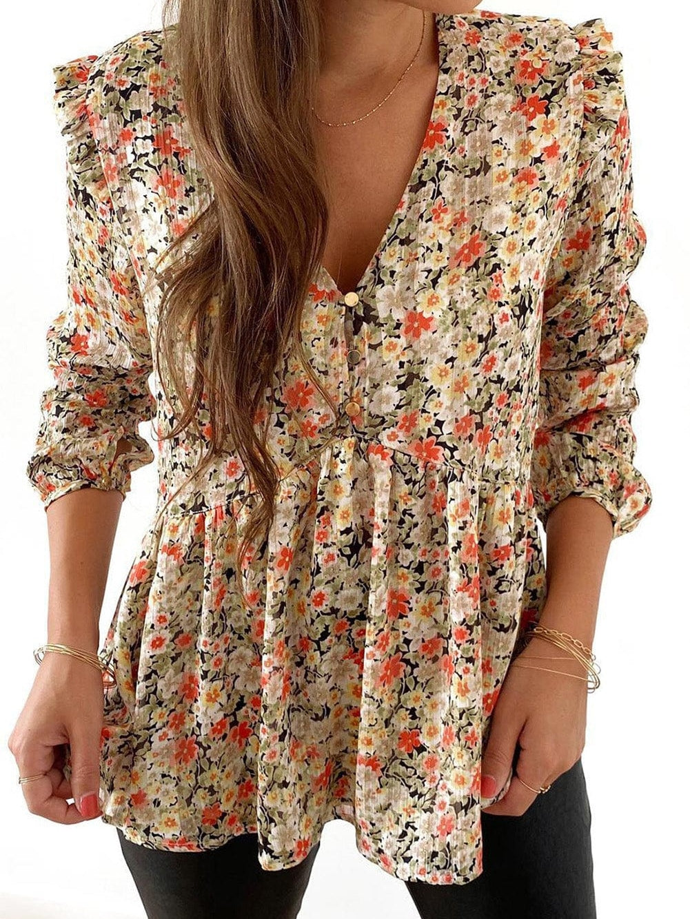 Khaki Floral Babydoll Blouse with V Neck and Ruffled Details