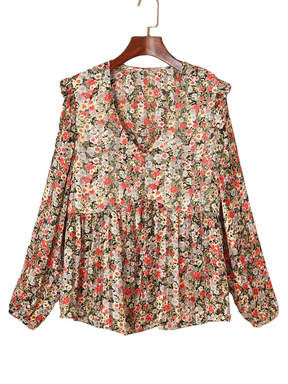 Khaki Floral Babydoll Blouse with V Neck and Ruffled Details