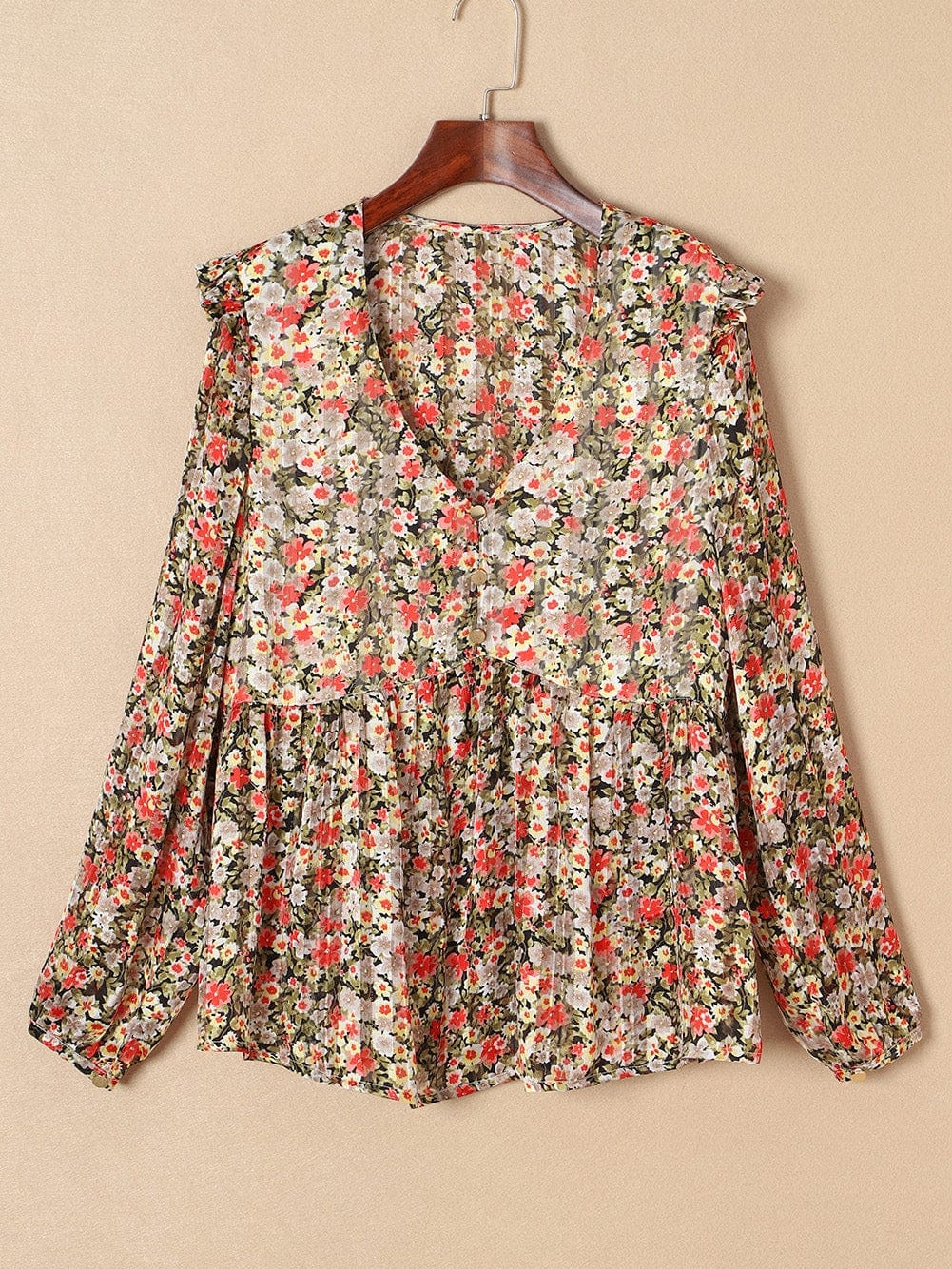 Khaki Floral Babydoll Blouse with V Neck and Ruffled Details