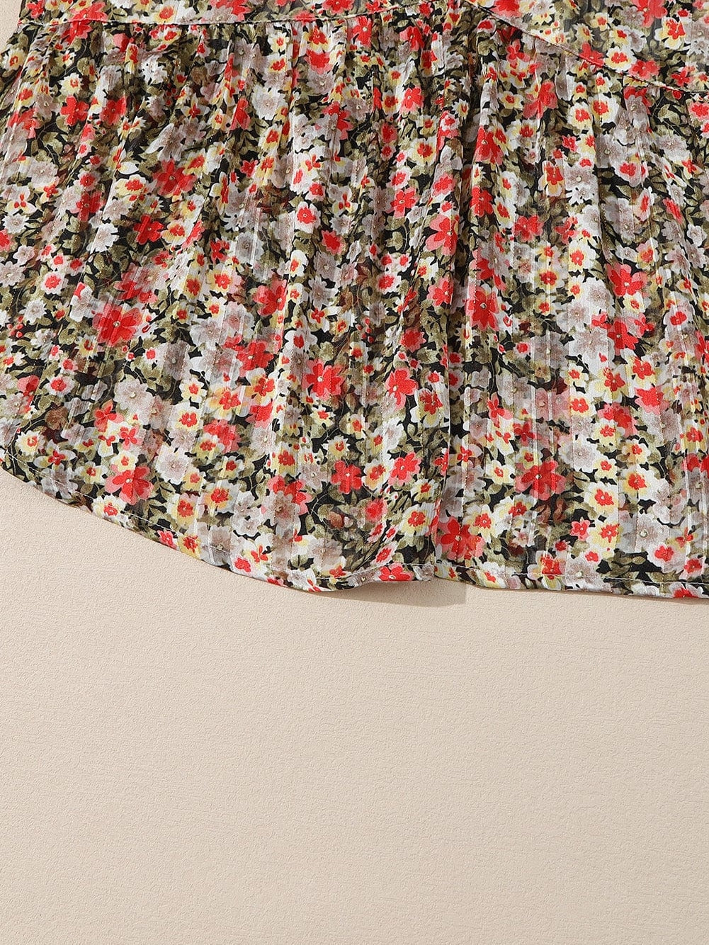 Khaki Floral Babydoll Blouse with V Neck and Ruffled Details