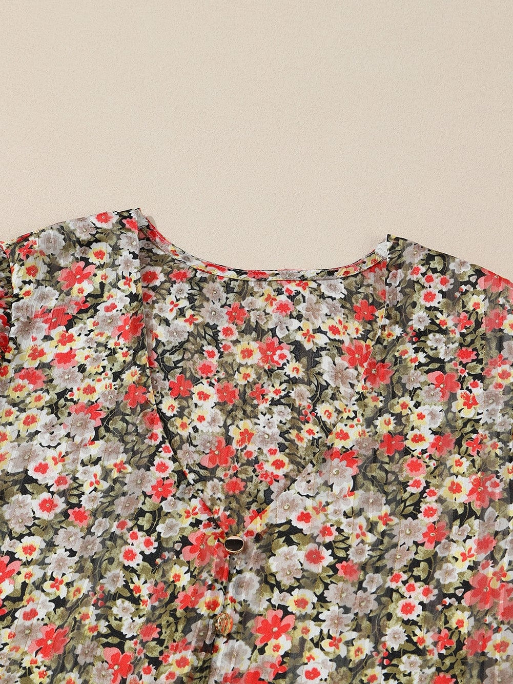 Khaki Floral Babydoll Blouse with V Neck and Ruffled Details