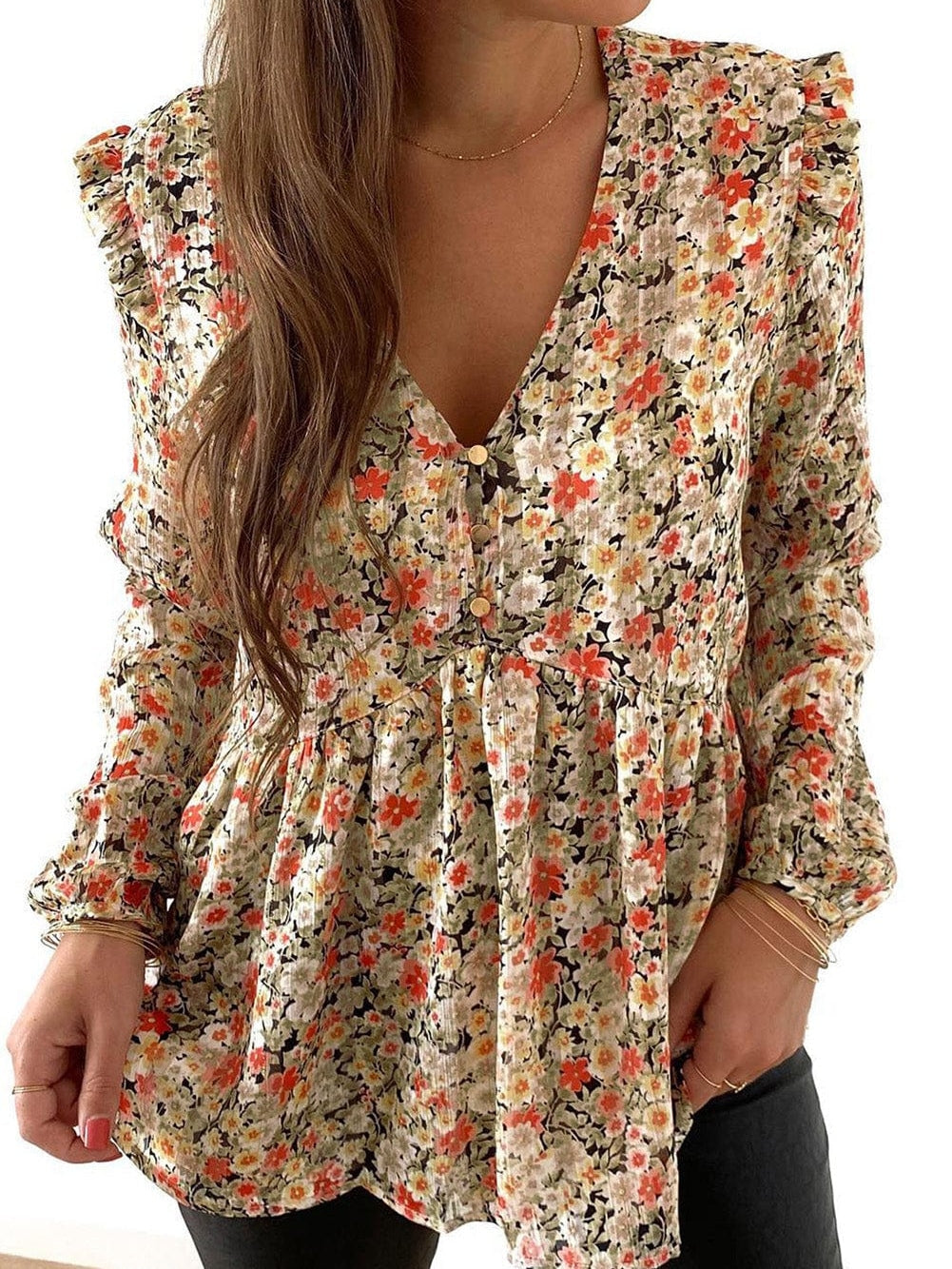 Khaki Floral Babydoll Blouse with V Neck and Ruffled Details