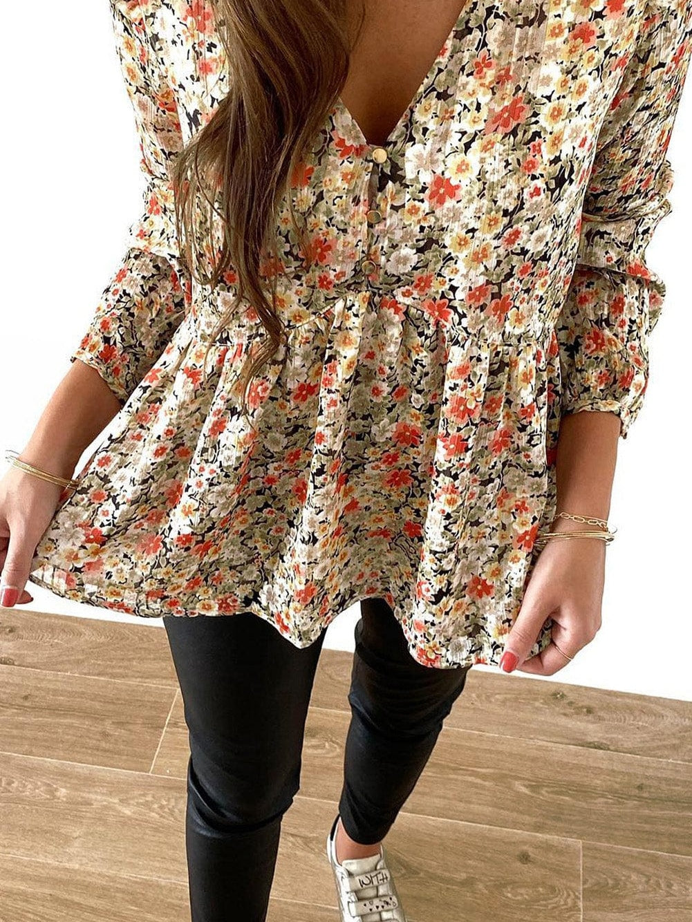 Khaki Floral Babydoll Blouse with V Neck and Ruffled Details