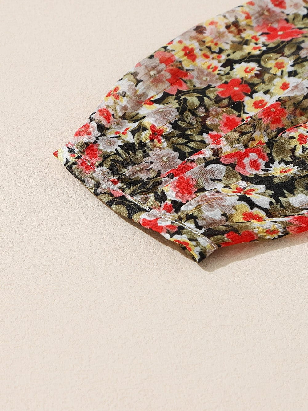 Khaki Floral Babydoll Blouse with V Neck and Ruffled Details