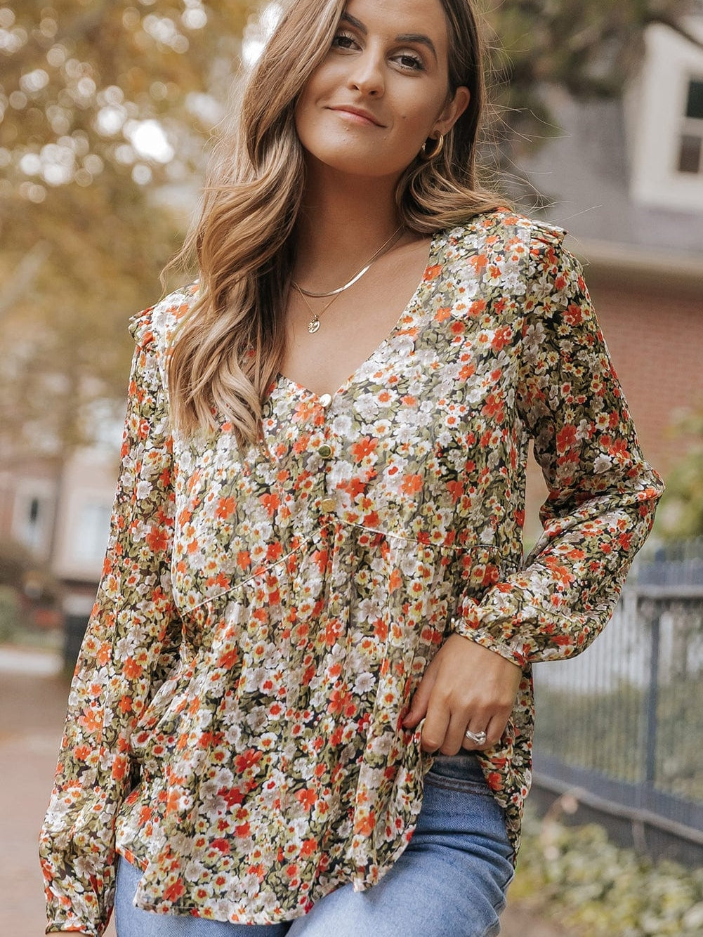 Khaki Floral Babydoll Blouse with V Neck and Ruffled Details
