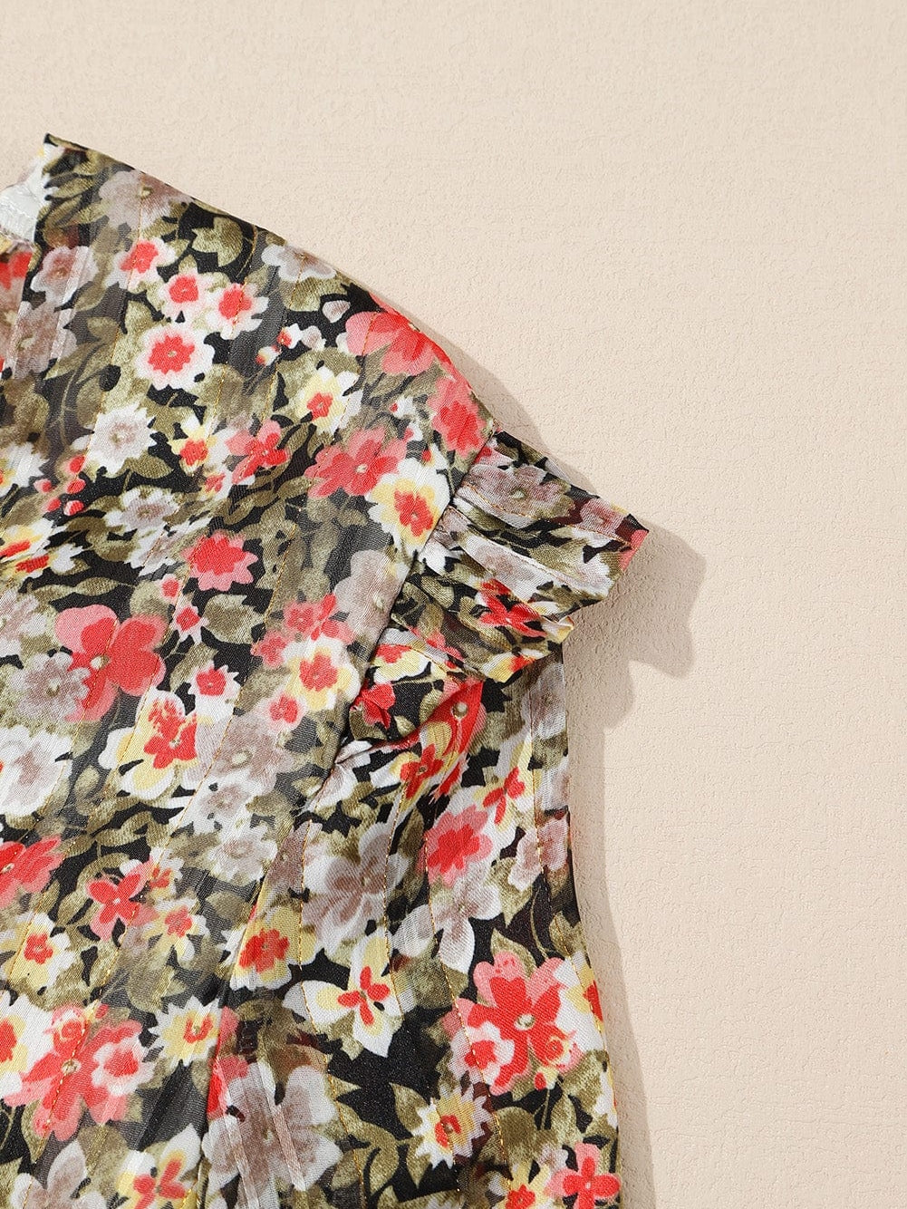 Khaki Floral Babydoll Blouse with V Neck and Ruffled Details