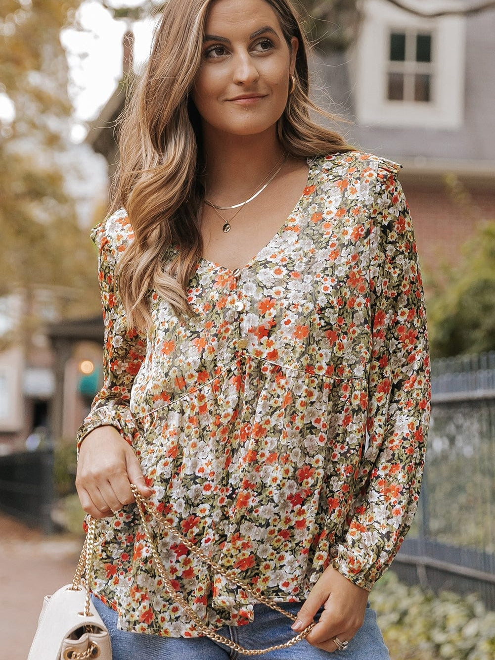 Khaki Floral Babydoll Blouse with V Neck and Ruffled Details