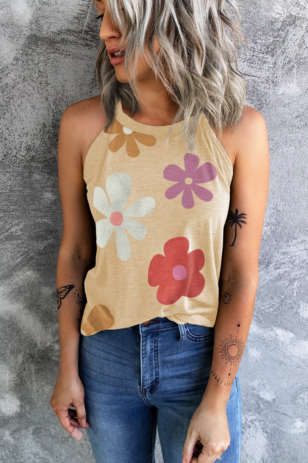 Khaki Floral Sleeveless Tank Top