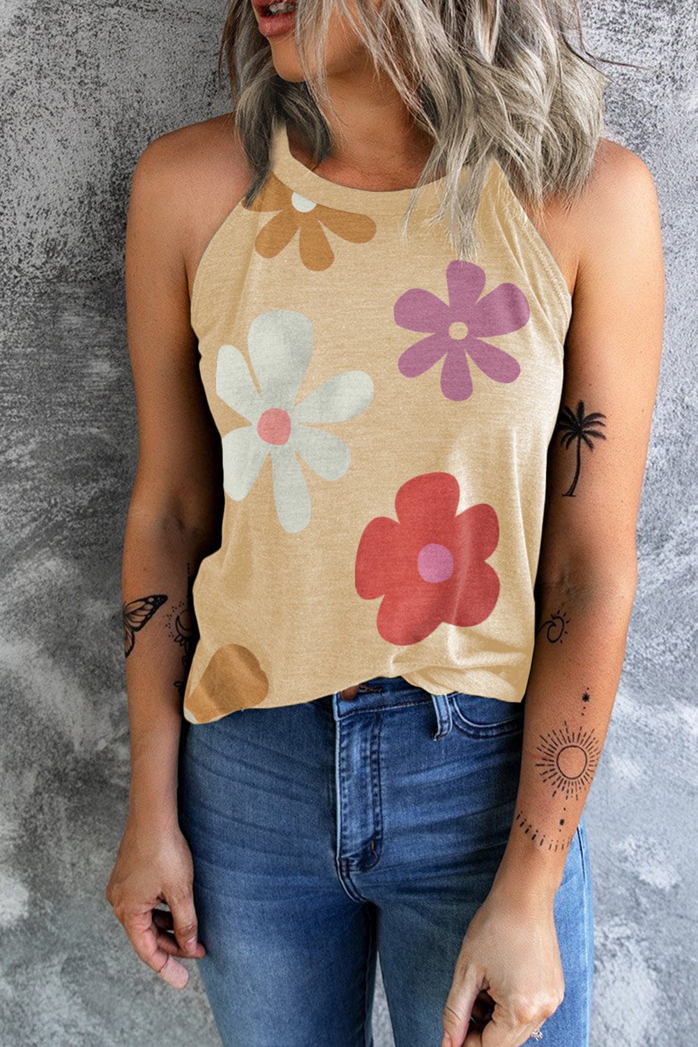 Khaki Floral Sleeveless Tank Top