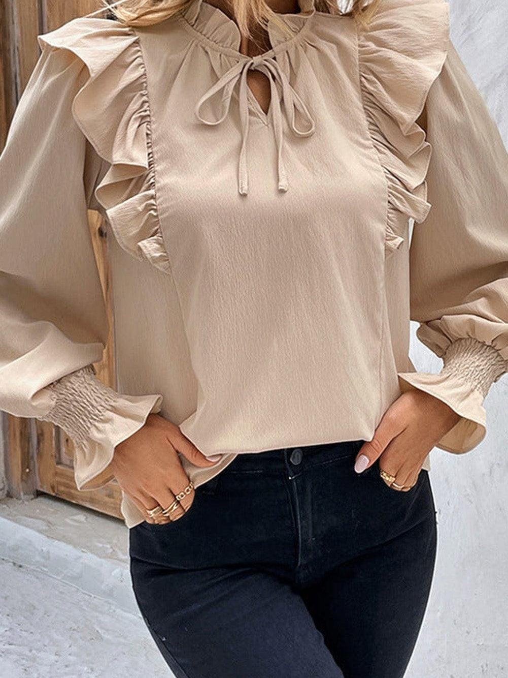 Khaki Flounce Sleeve Ruffle Blouse
