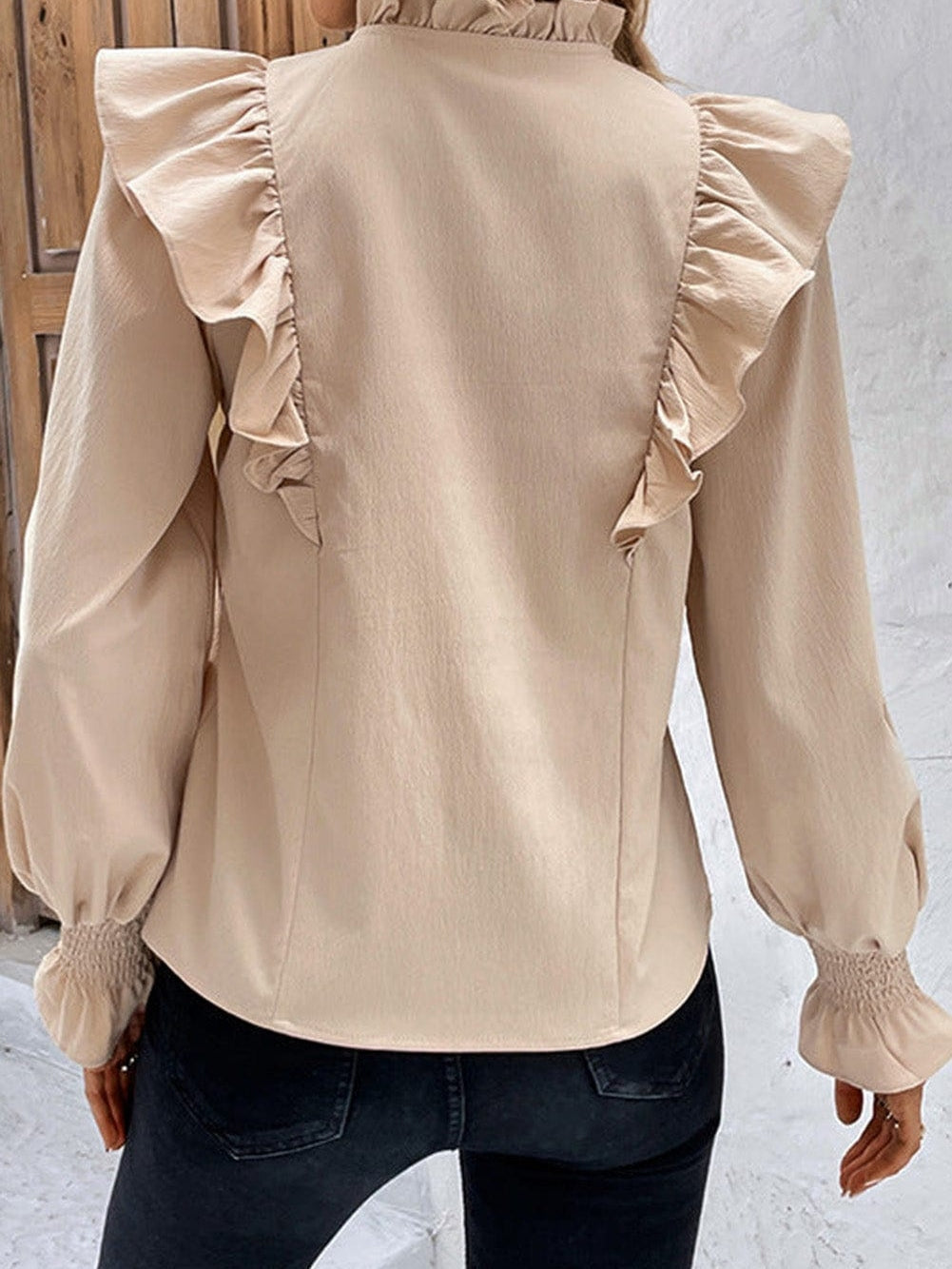 Khaki Flounce Sleeve Ruffle Blouse