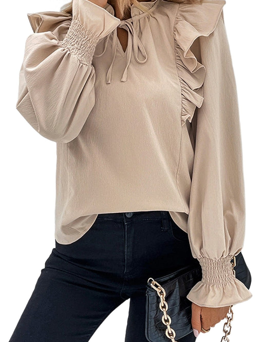 Khaki Flounce Sleeve Ruffle Blouse