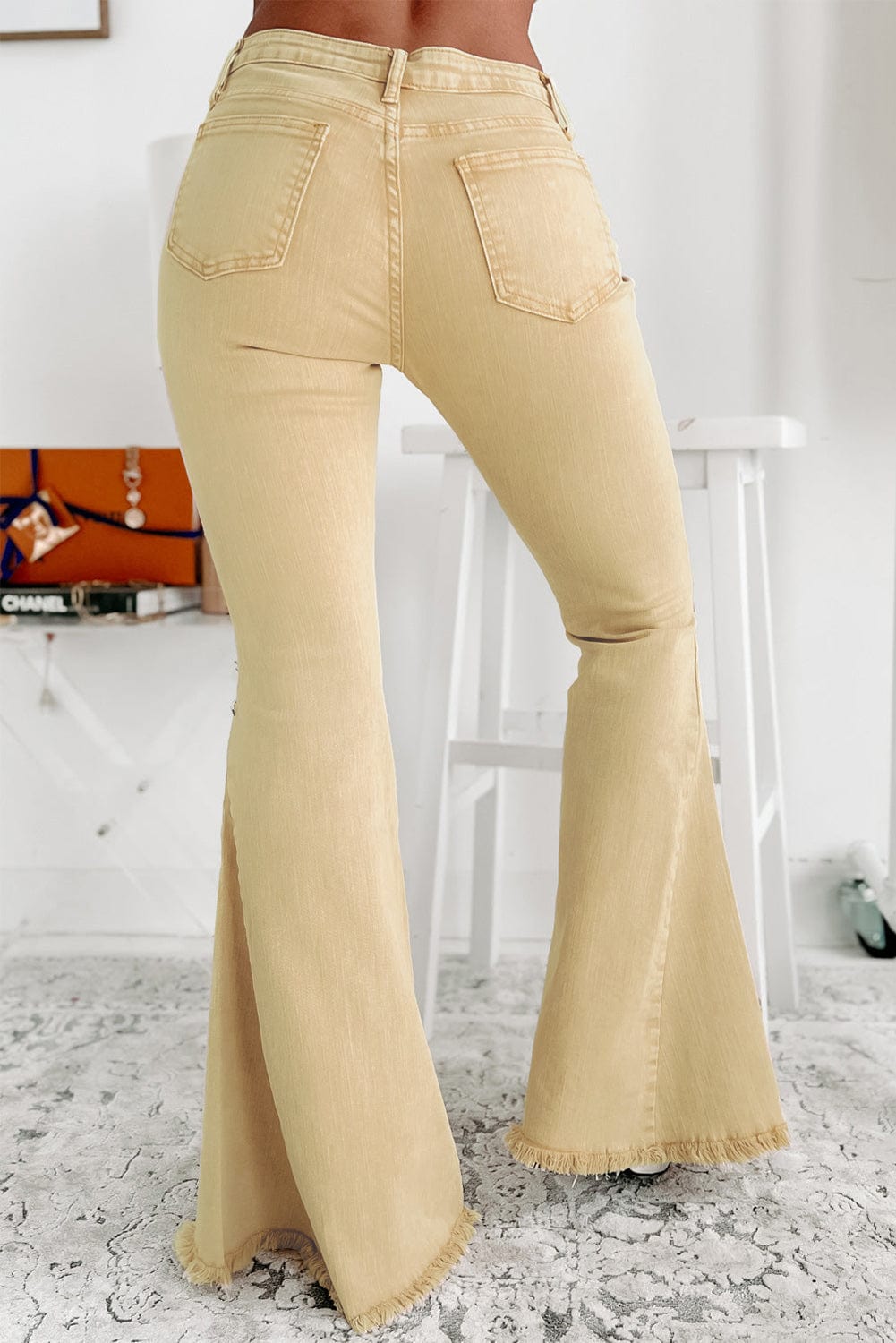 Khaki Frayed Hem High Waist Denim Flare Pants