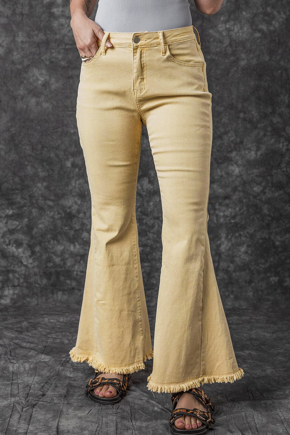 Khaki Frayed Hem High Waist Denim Flare Pants