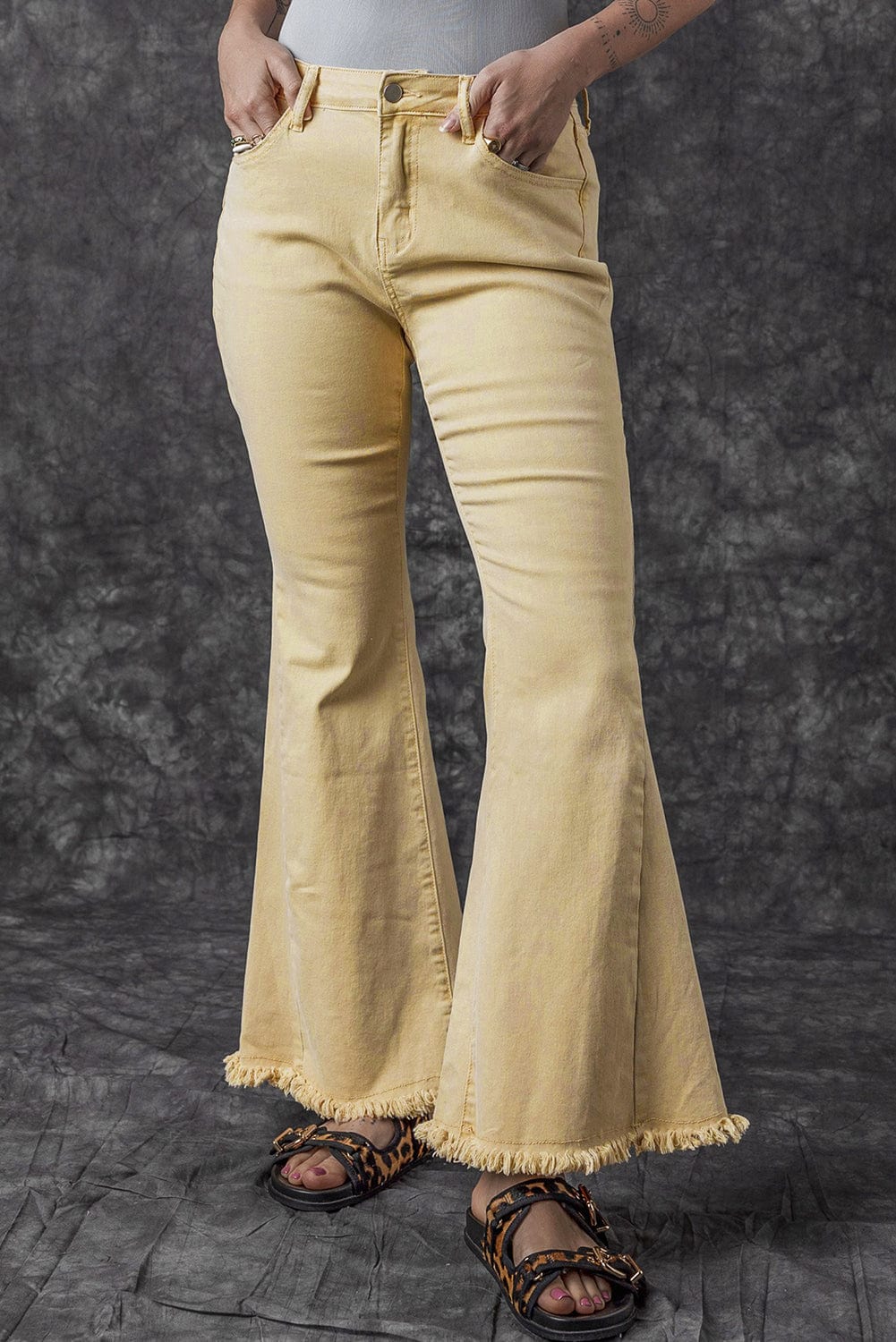 Khaki Frayed Hem High Waist Denim Flare Pants