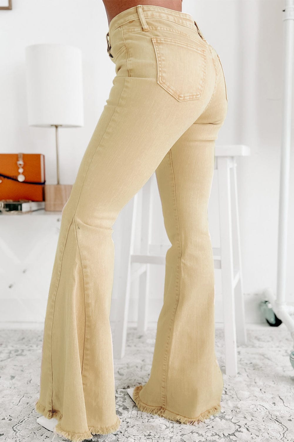 Khaki Frayed Hem High Waist Denim Flare Pants