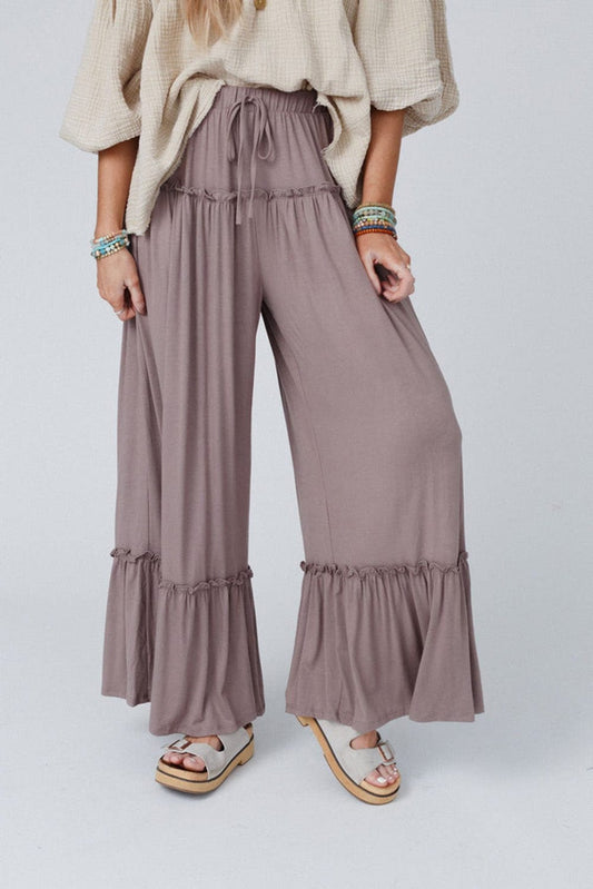Khaki Frilled High Waist Wide Leg Casual Pants