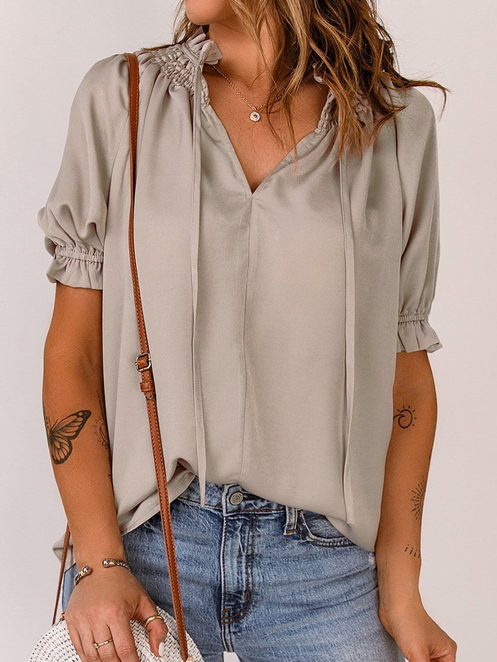 Khaki Frilled Split Neck Puff Sleeve Top