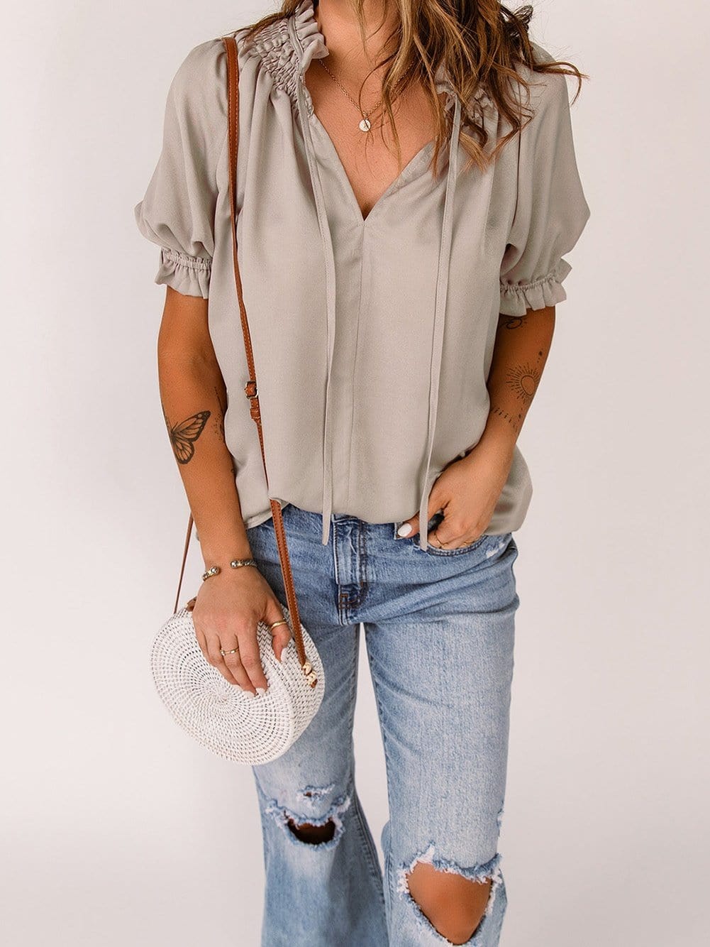 Khaki Frilled Split Neck Puff Sleeve Top