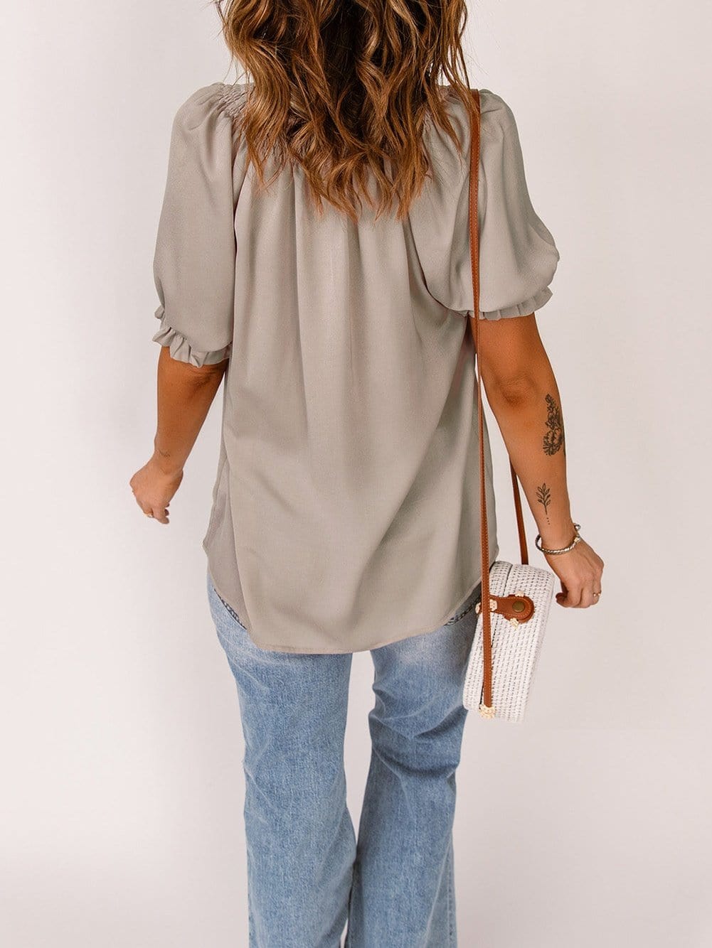Khaki Frilled Split Neck Puff Sleeve Top