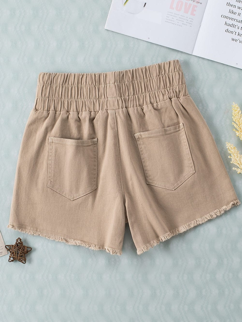 Khaki High Waist Smocked Elastic Denim Shorts