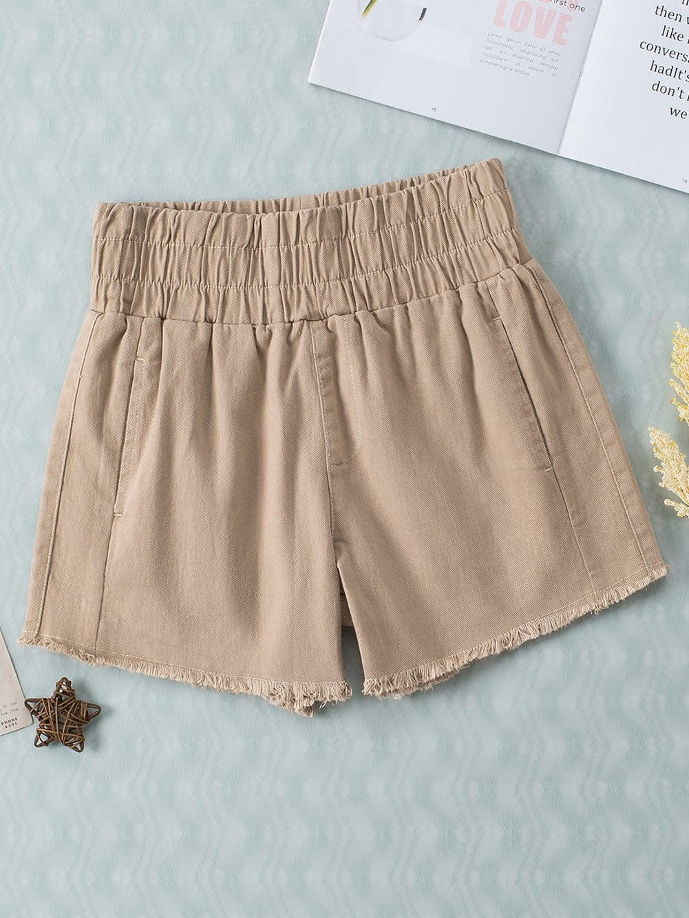 Khaki High Waist Smocked Elastic Denim Shorts