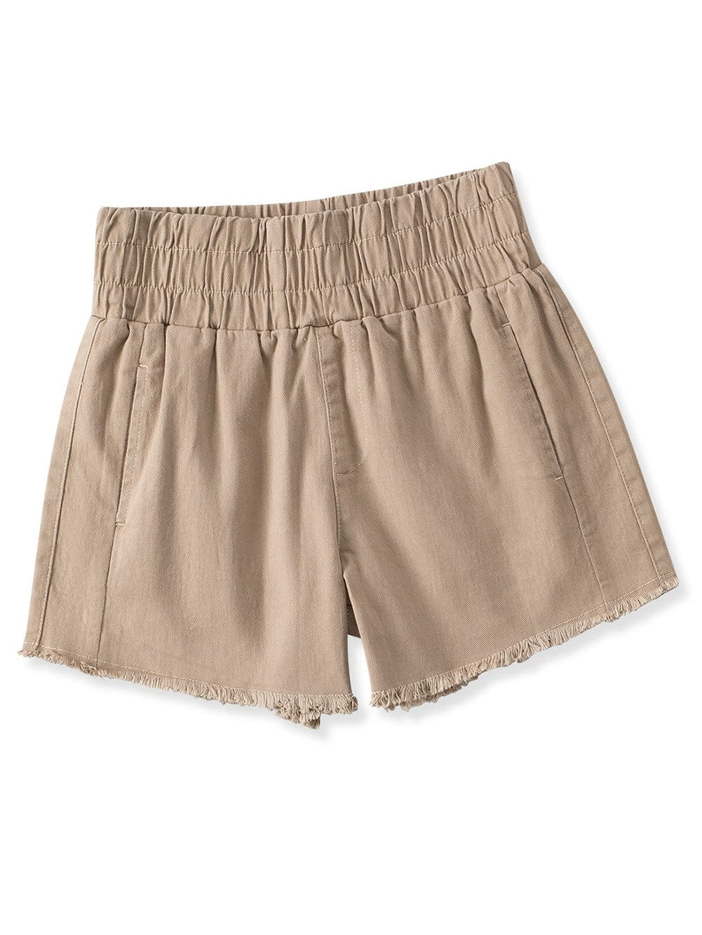Khaki High Waist Smocked Elastic Denim Shorts