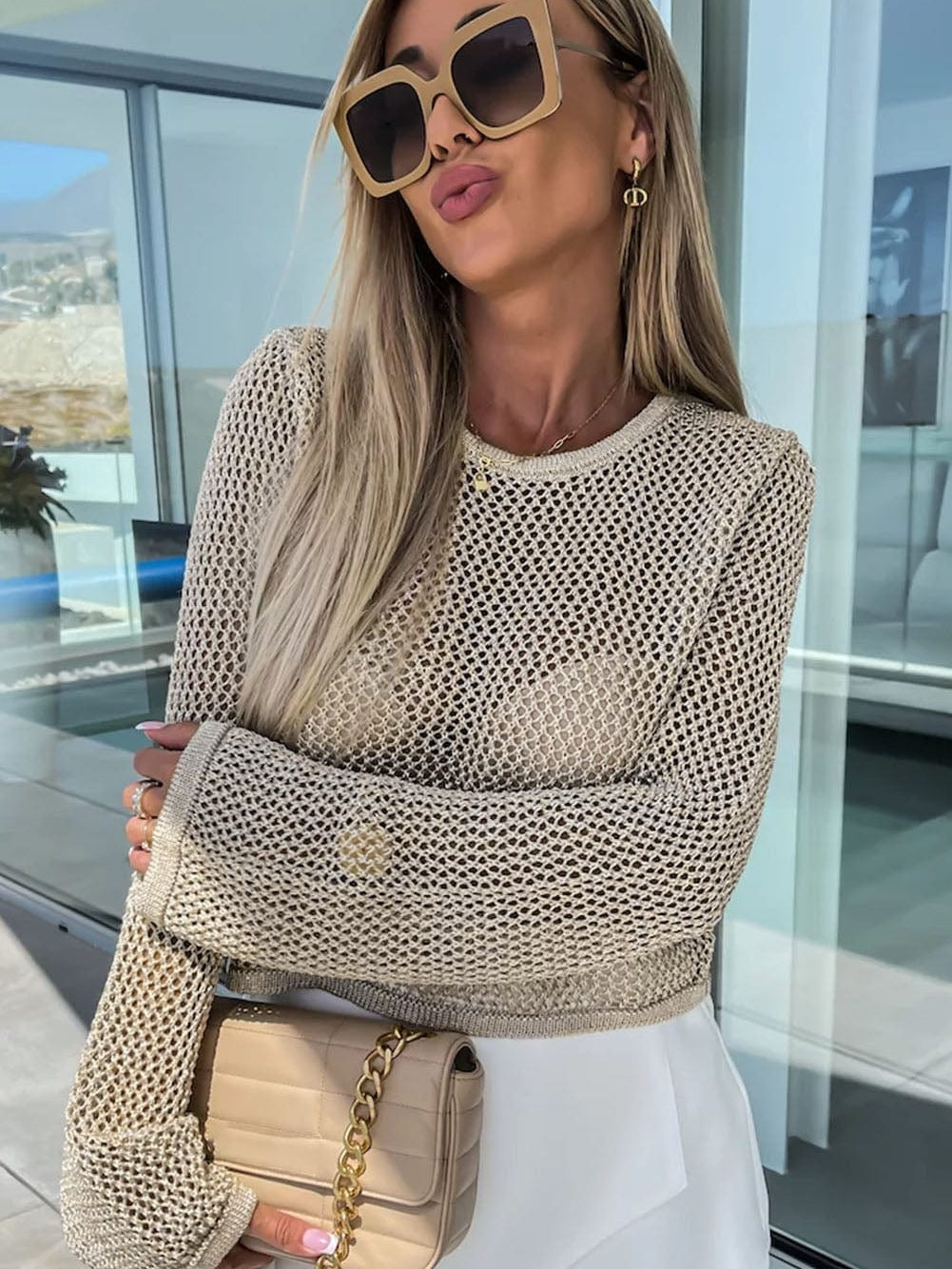 Khaki Hollow Knit Sweater with Open Stitch Detail