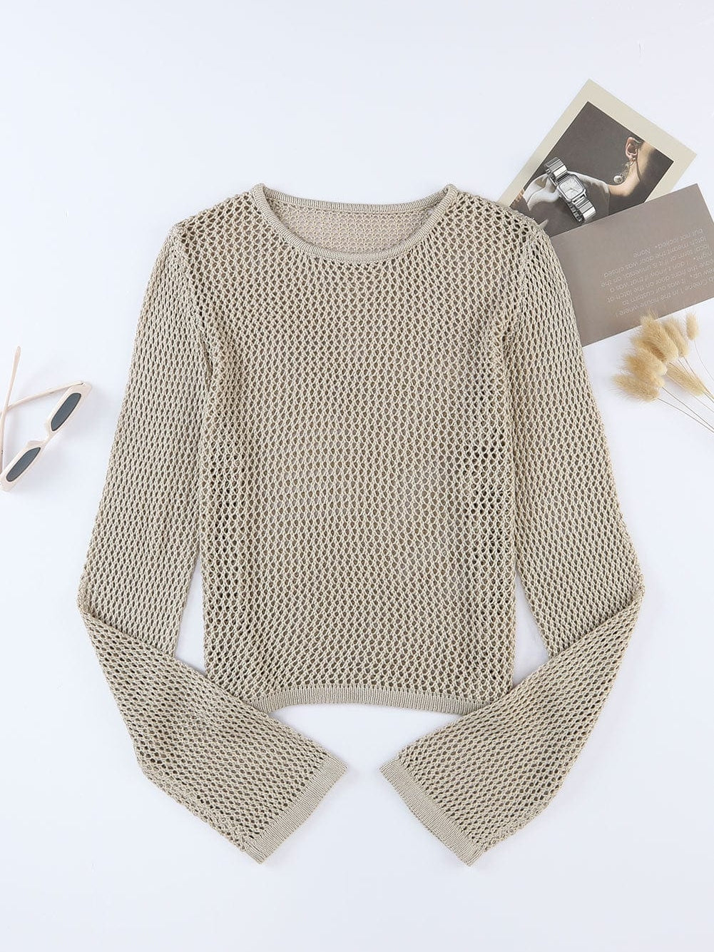 Khaki Hollow Knit Sweater with Open Stitch Detail