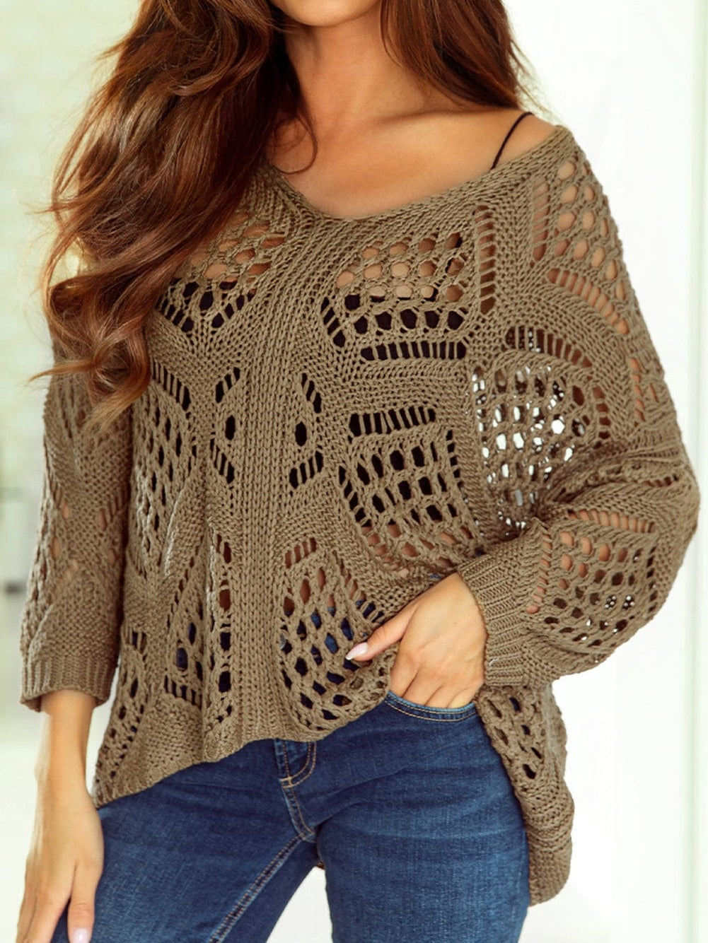Khaki Hollowed Knit V Neck Batwing Sleeve Shift Sweater