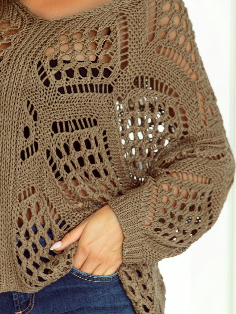Khaki Hollowed Knit V Neck Batwing Sleeve Shift Sweater