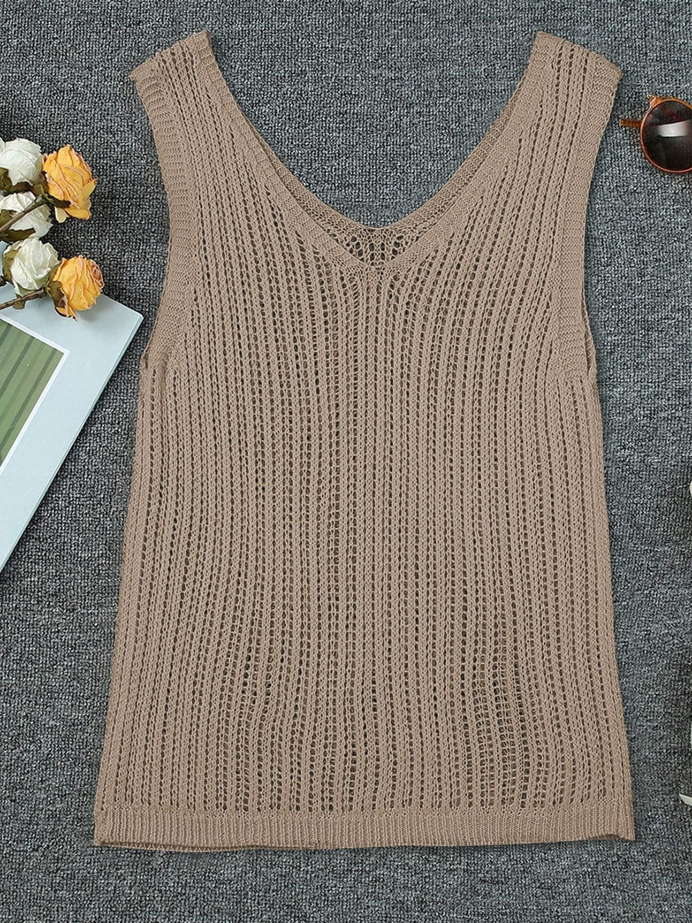 Khaki Hollowed V Neck Knit Tank Top