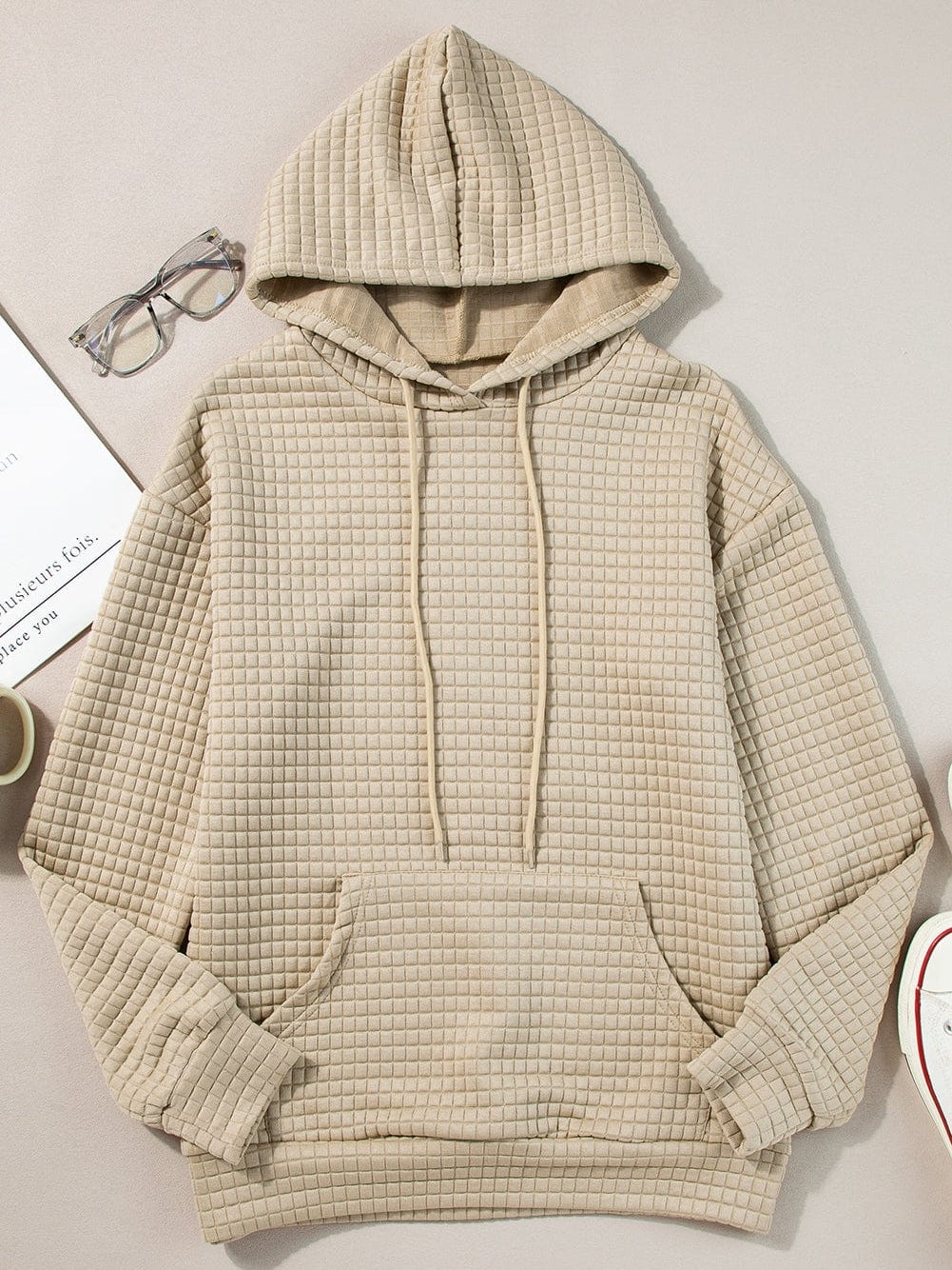 Khaki Lattice Textured Kangaroo Pocket Hooded Hoodie