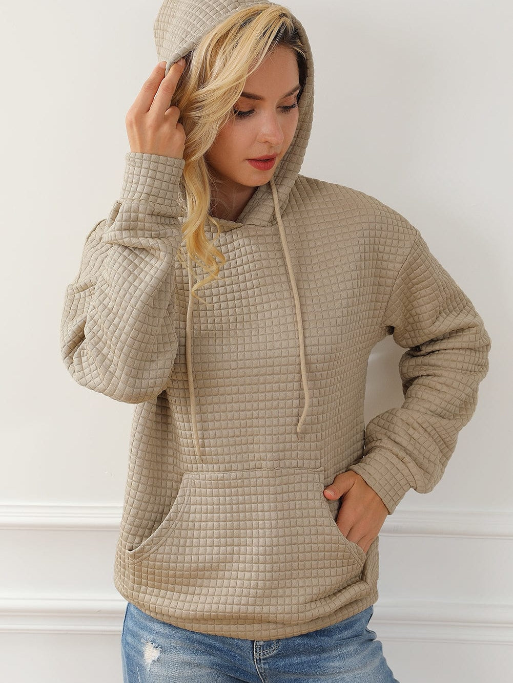 Khaki Lattice Textured Kangaroo Pocket Hooded Hoodie