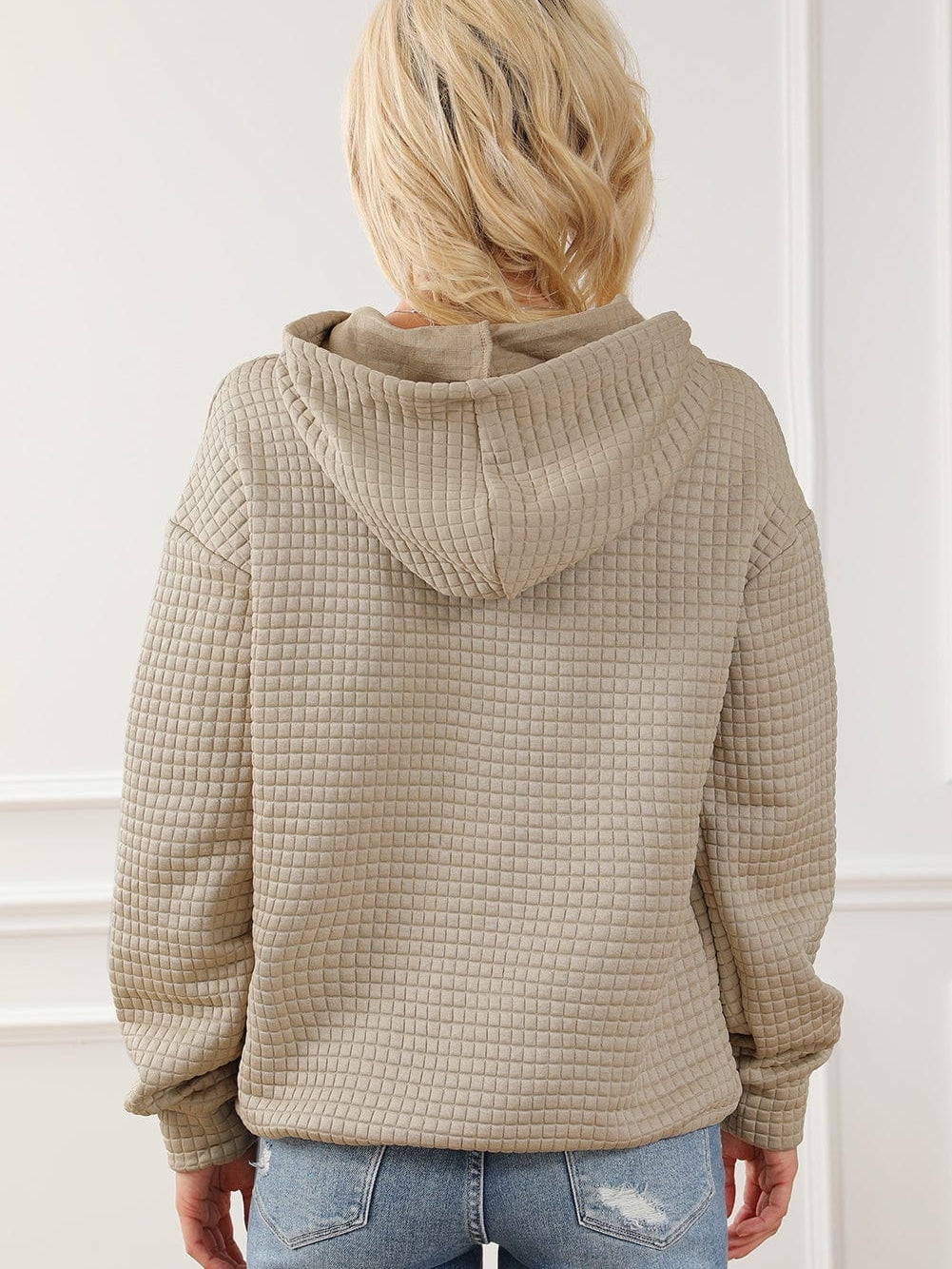 Khaki Lattice Textured Kangaroo Pocket Hooded Hoodie