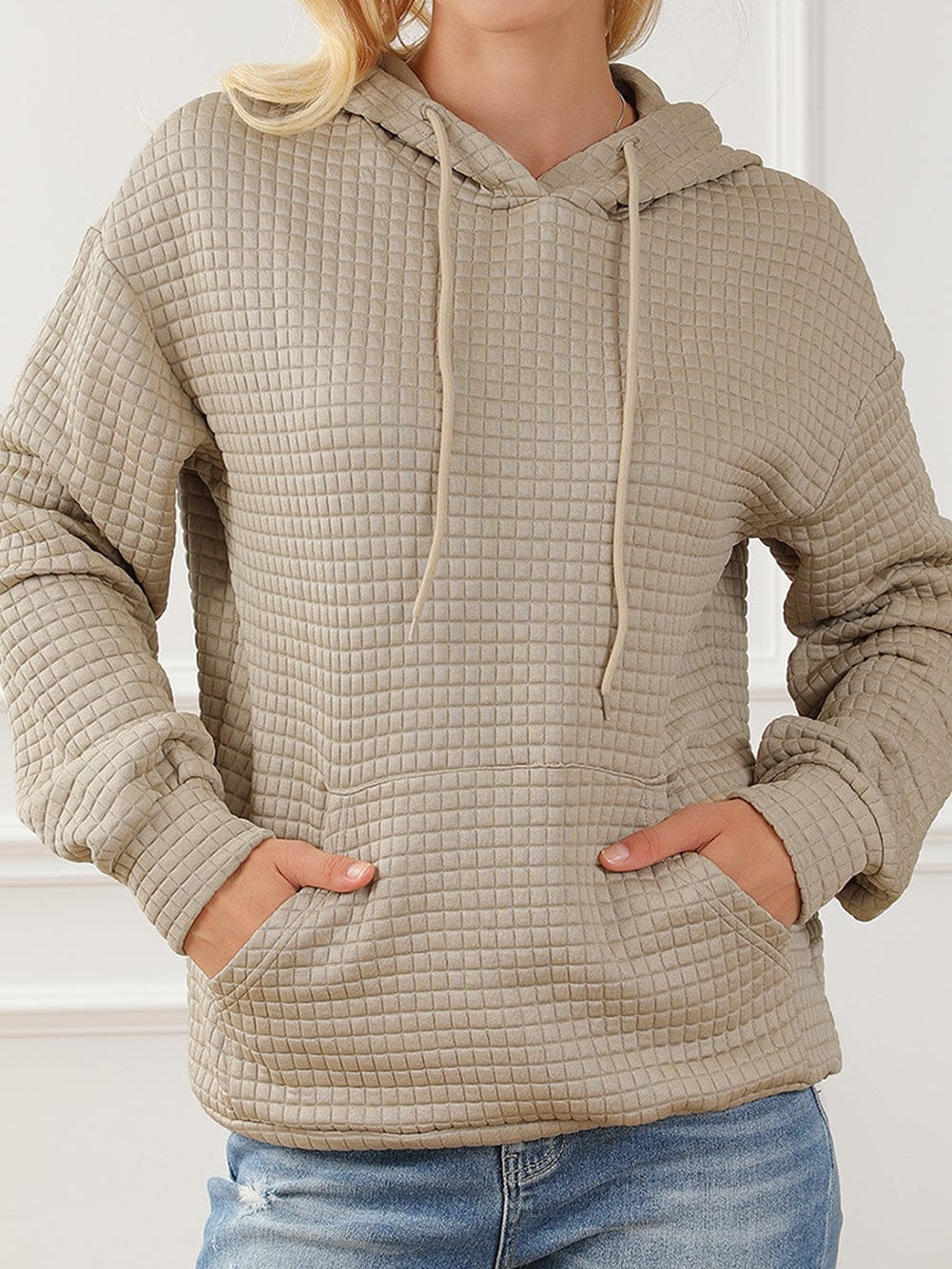 Khaki Lattice Textured Kangaroo Pocket Hooded Hoodie