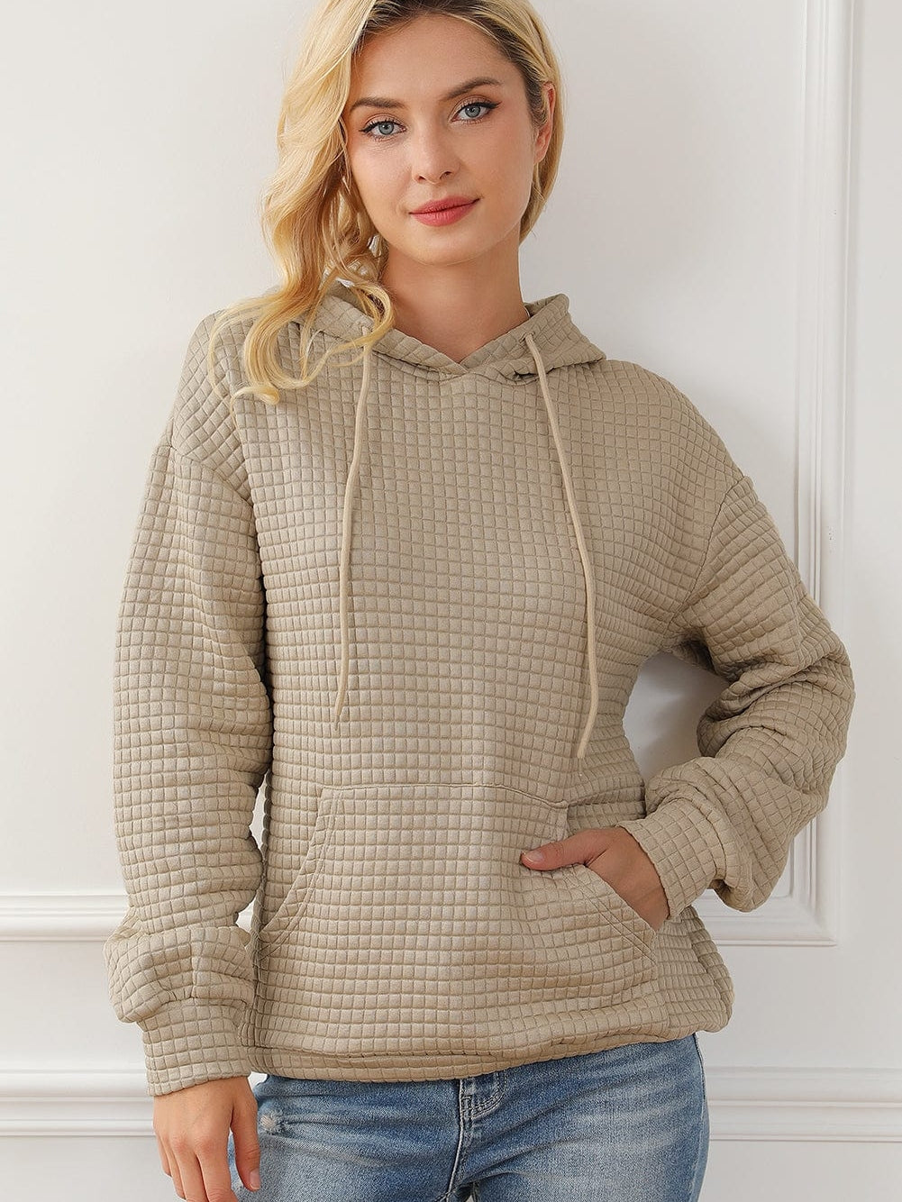 Khaki Lattice Textured Kangaroo Pocket Hooded Hoodie