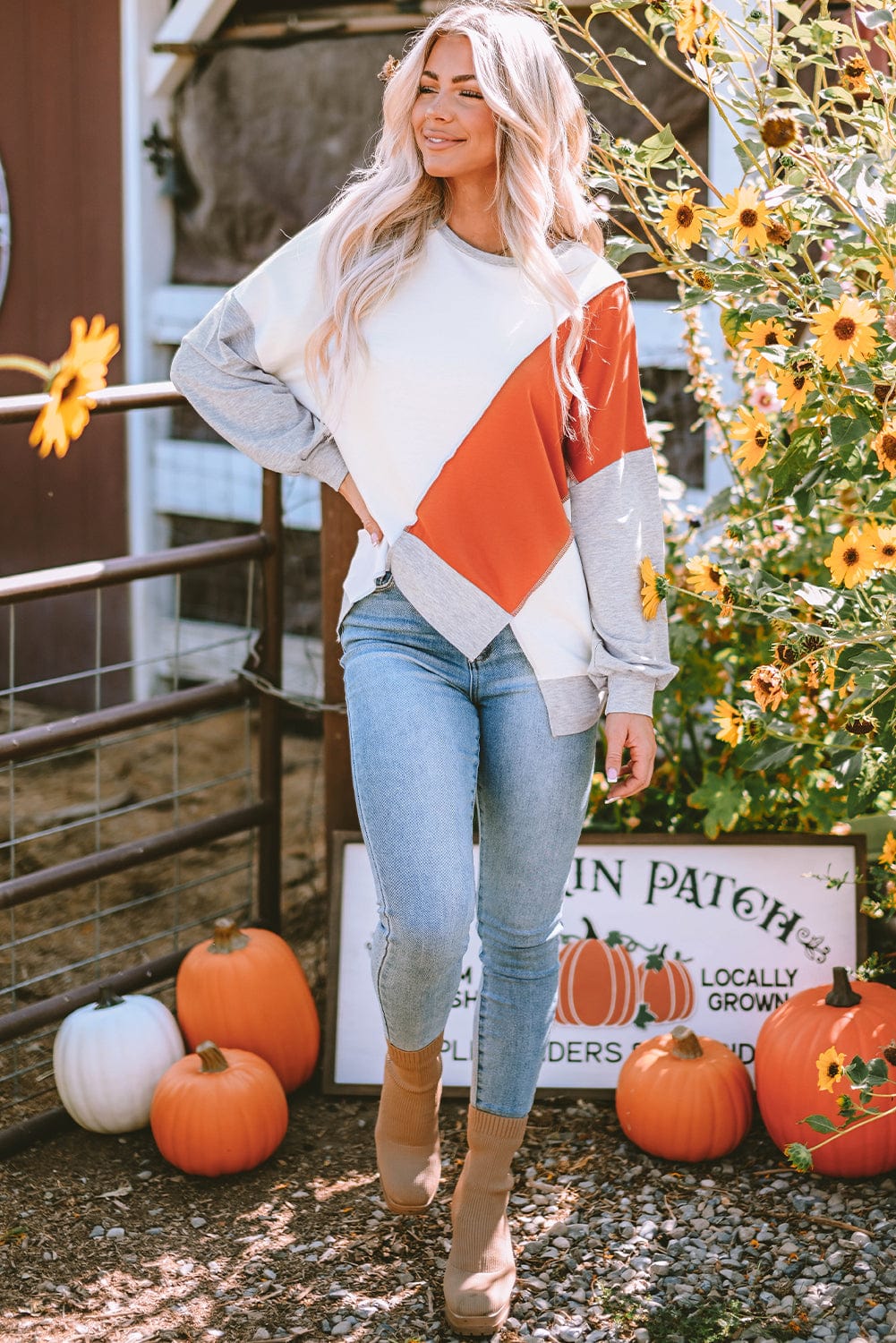 Khaki Patchwork Long Sleeve Top with Color Block Detail