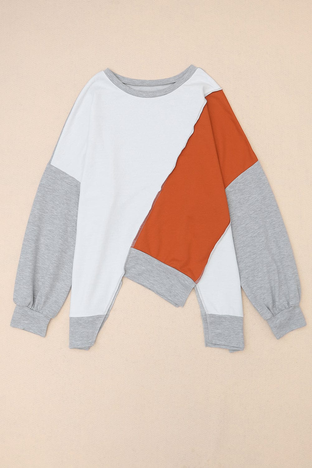 Khaki Patchwork Long Sleeve Top with Color Block Detail