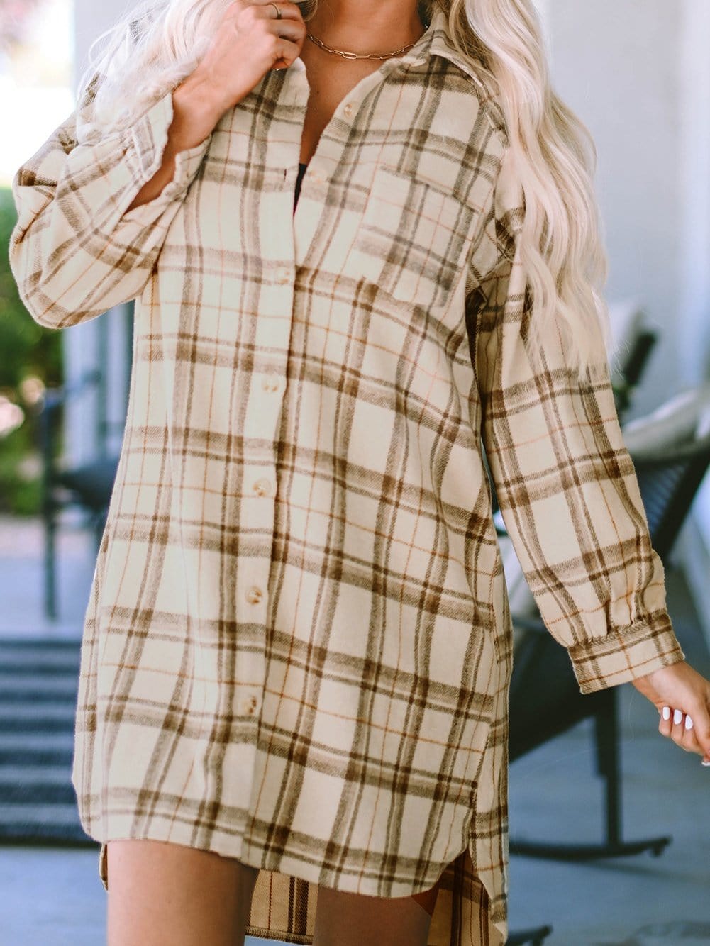 Khaki Plaid Button Up Shirt Dress with Western Flair