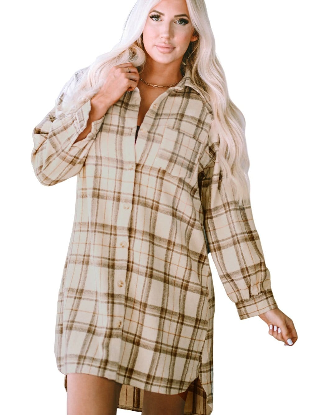 Khaki Plaid Button Up Shirt Dress with Western Flair