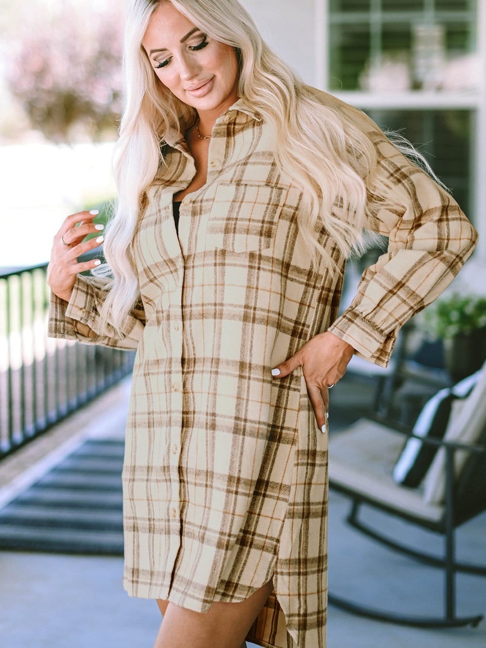 Khaki Plaid Button Up Shirt Dress with Western Flair