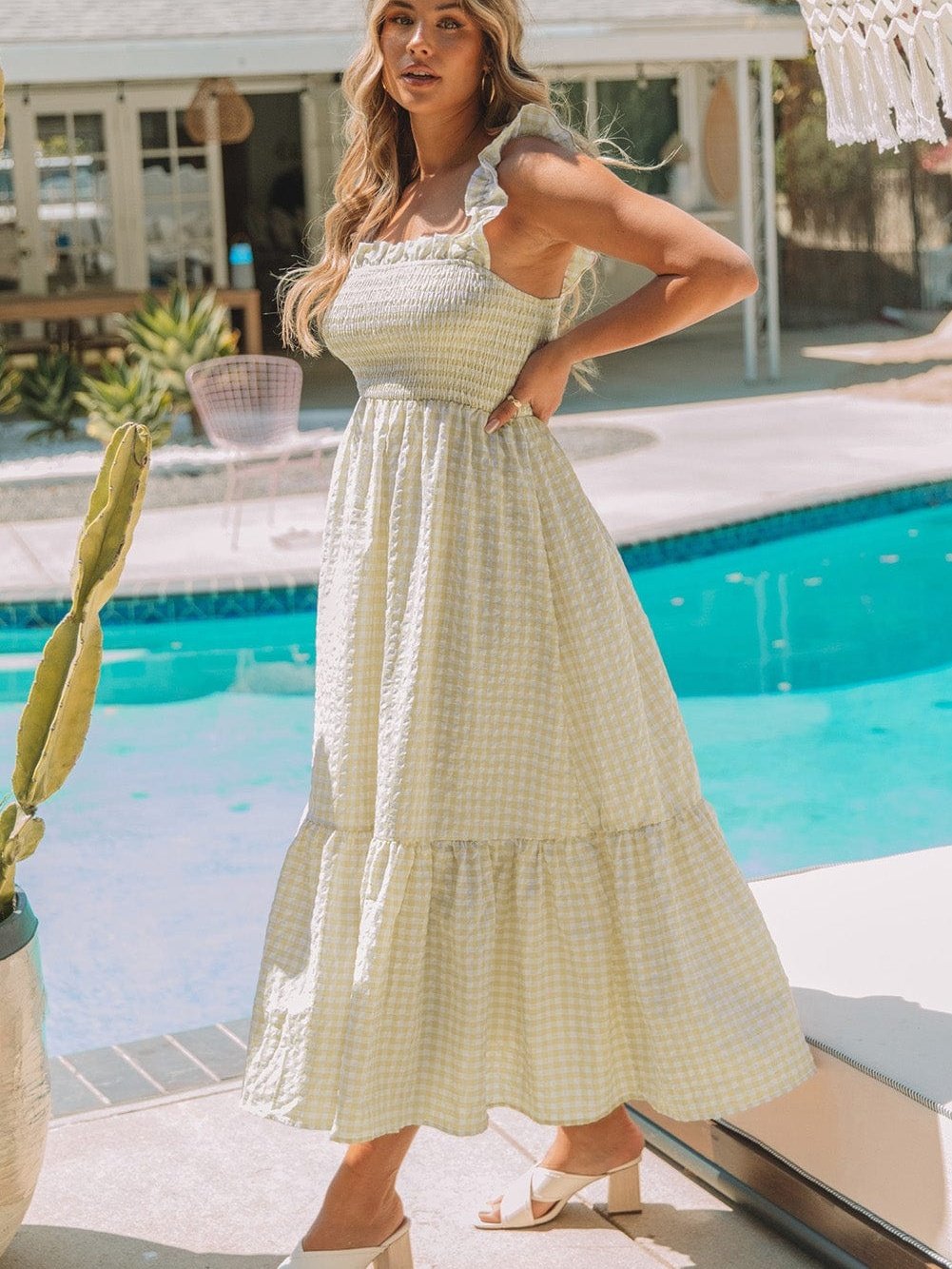 Khaki Plaid Maxi Dress with Ruffled Sleeves