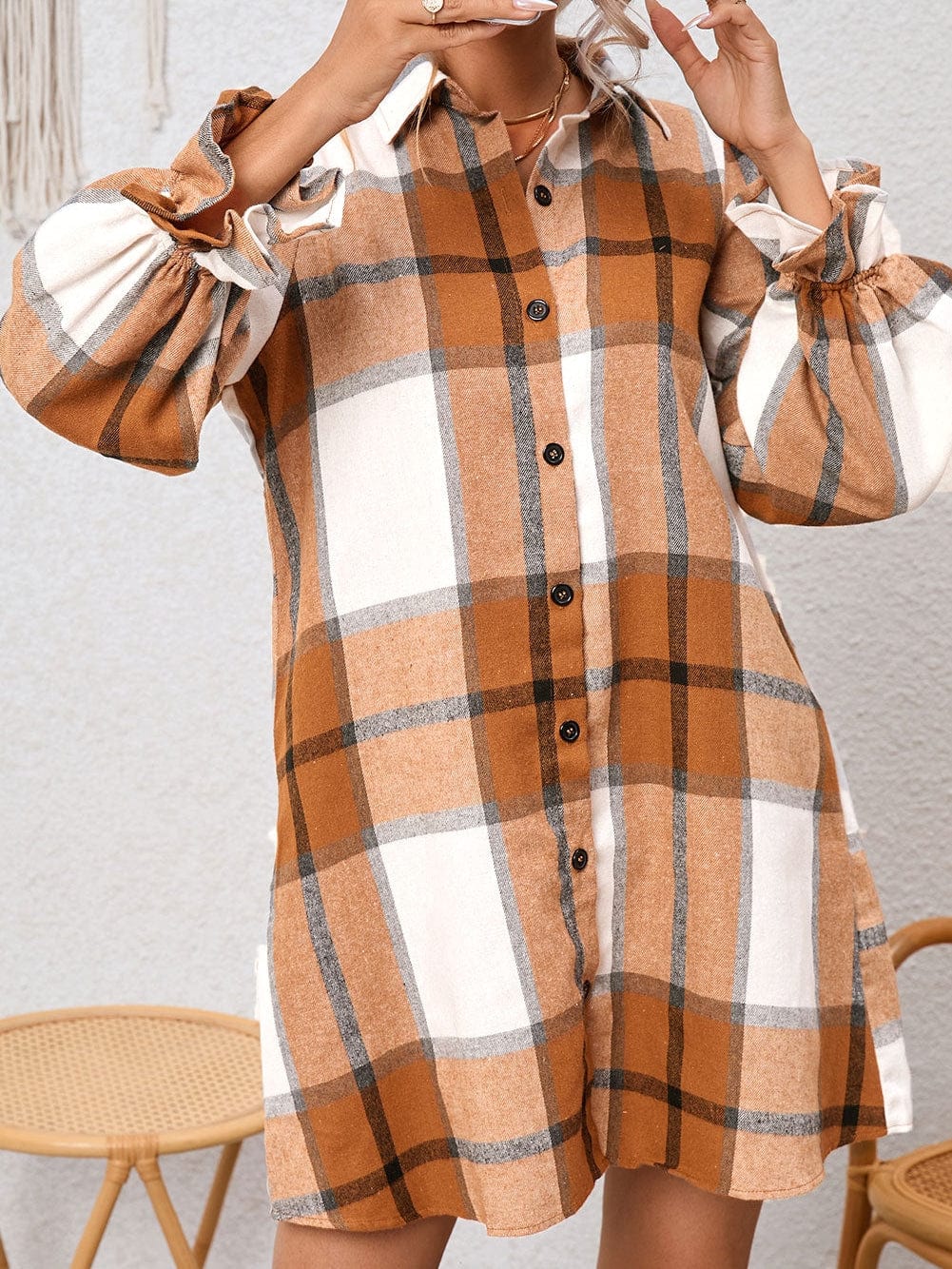 Khaki Plaid Ruffle Sleeve Shirt Dress with Collared Neck