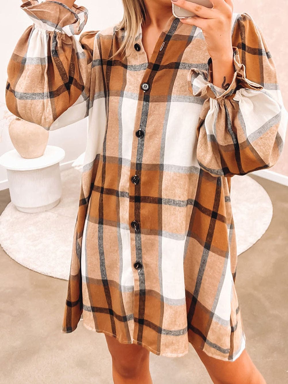 Khaki Plaid Ruffle Sleeve Shirt Dress with Collared Neck
