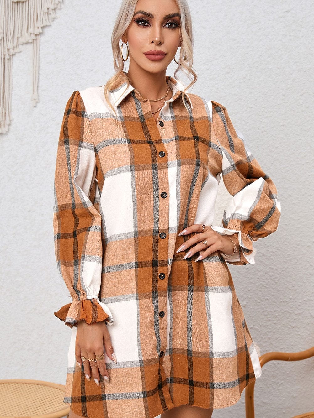 Khaki Plaid Ruffle Sleeve Shirt Dress with Collared Neck