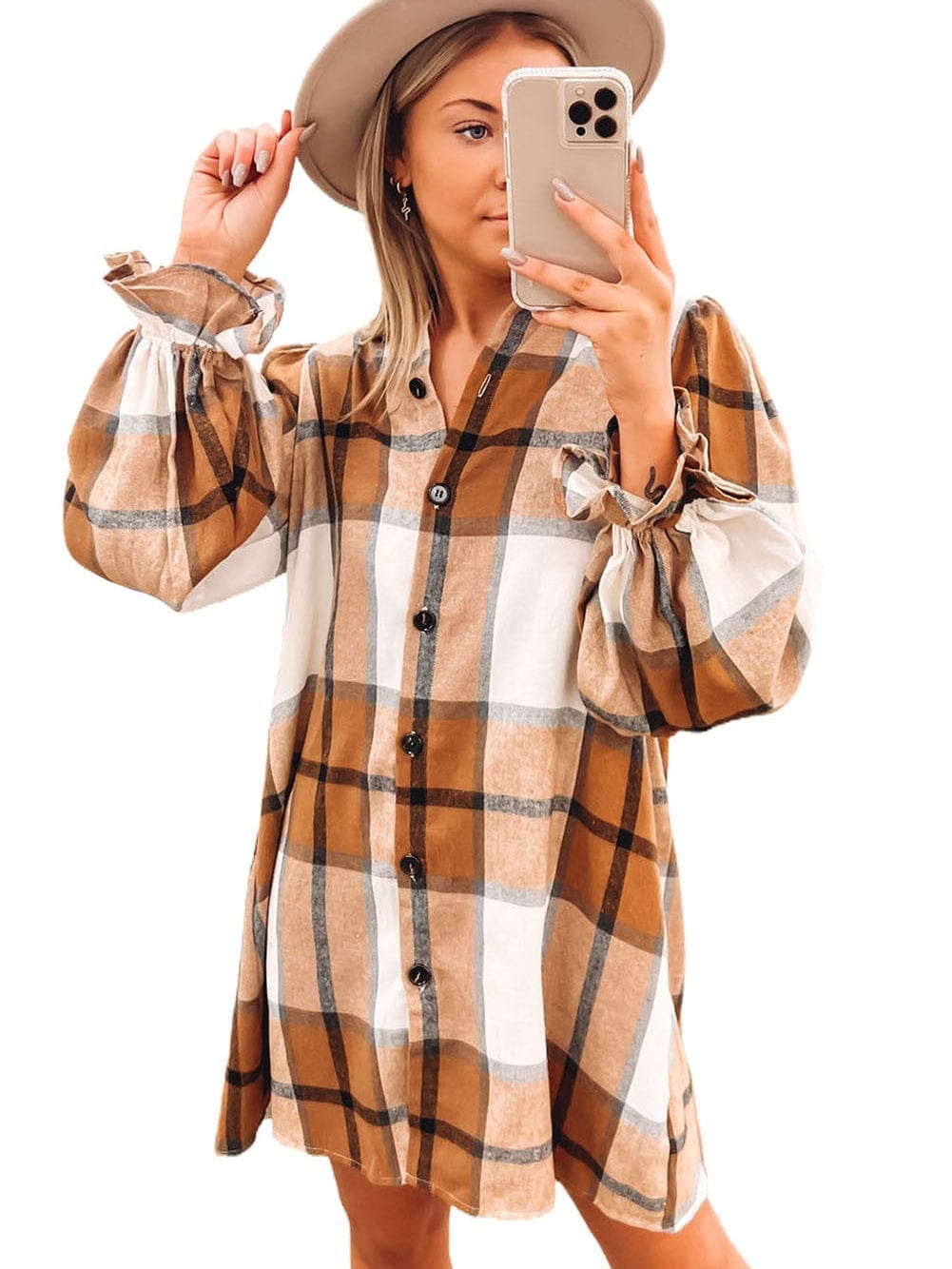 Khaki Plaid Ruffle Sleeve Shirt Dress with Collared Neck