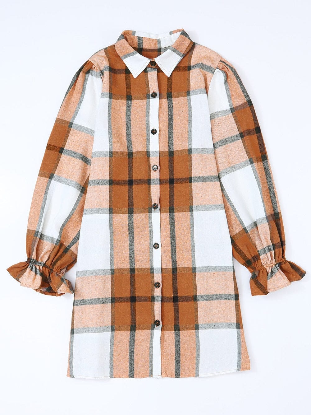Khaki Plaid Ruffle Sleeve Shirt Dress with Collared Neck